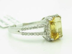 LIV 14KT White Gold White Diamond & Golden Citrine Emerald Cut Halo Ring New