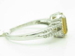 LIV 14KT White Gold White Diamond & Golden Citrine Emerald Cut Halo Ring New