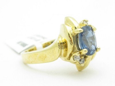 LIV  Unique Solid 14KT Yellow Gold Blue Topaz & White Diamond Stone Design Band Ring