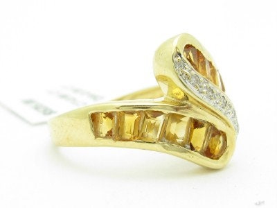 LIV Unique Solid 14KT Yellow Gold Genuine Citrine & White Diamond Swirl Band Ring