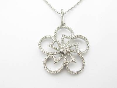 LIV 14kt Solid White Gold Genuine White Diamond Flower Design Halo Drop Necklace