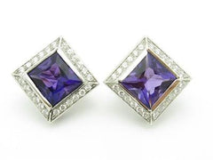 LIV 14k White Gold Diamonds Purple Amethyst Halo Design Square French Back Earrings