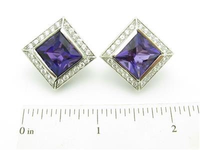 LIV 14k White Gold Diamonds Purple Amethyst Halo Design Square French Back Earrings