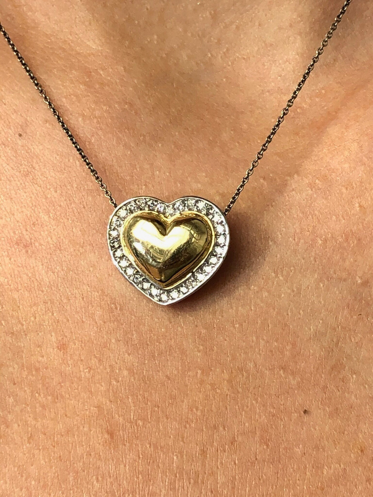 LIV 14k Two Tone Gold & Natural Diamonds G/VS1 Puffed Heart Shape Halo Necklace 16" Length