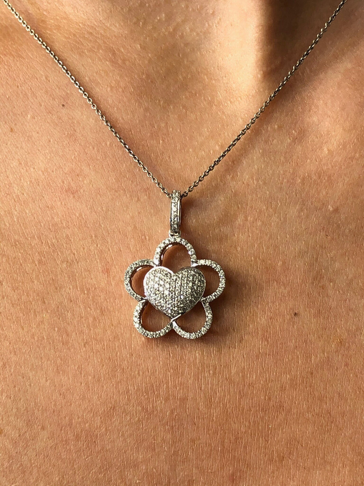 LIV 14k White Gold & Natural Diamonds Unique Heart Shape Flower Design Necklace 16"L