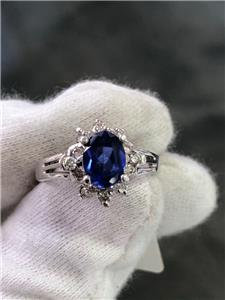 LIV 14k White Gold Genuine Diamonds & Blue Ceylon Sapphire Oval Cut Halo Ring