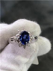 LIV 14k White Gold Genuine Diamonds & Blue Ceylon Sapphire Oval Cut Halo Ring