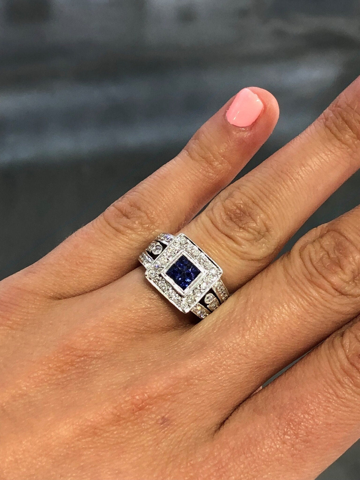 LIV 14k White Gold & Natural Diamonds Blue Sapphire Princess Cut Halo Design Ring
