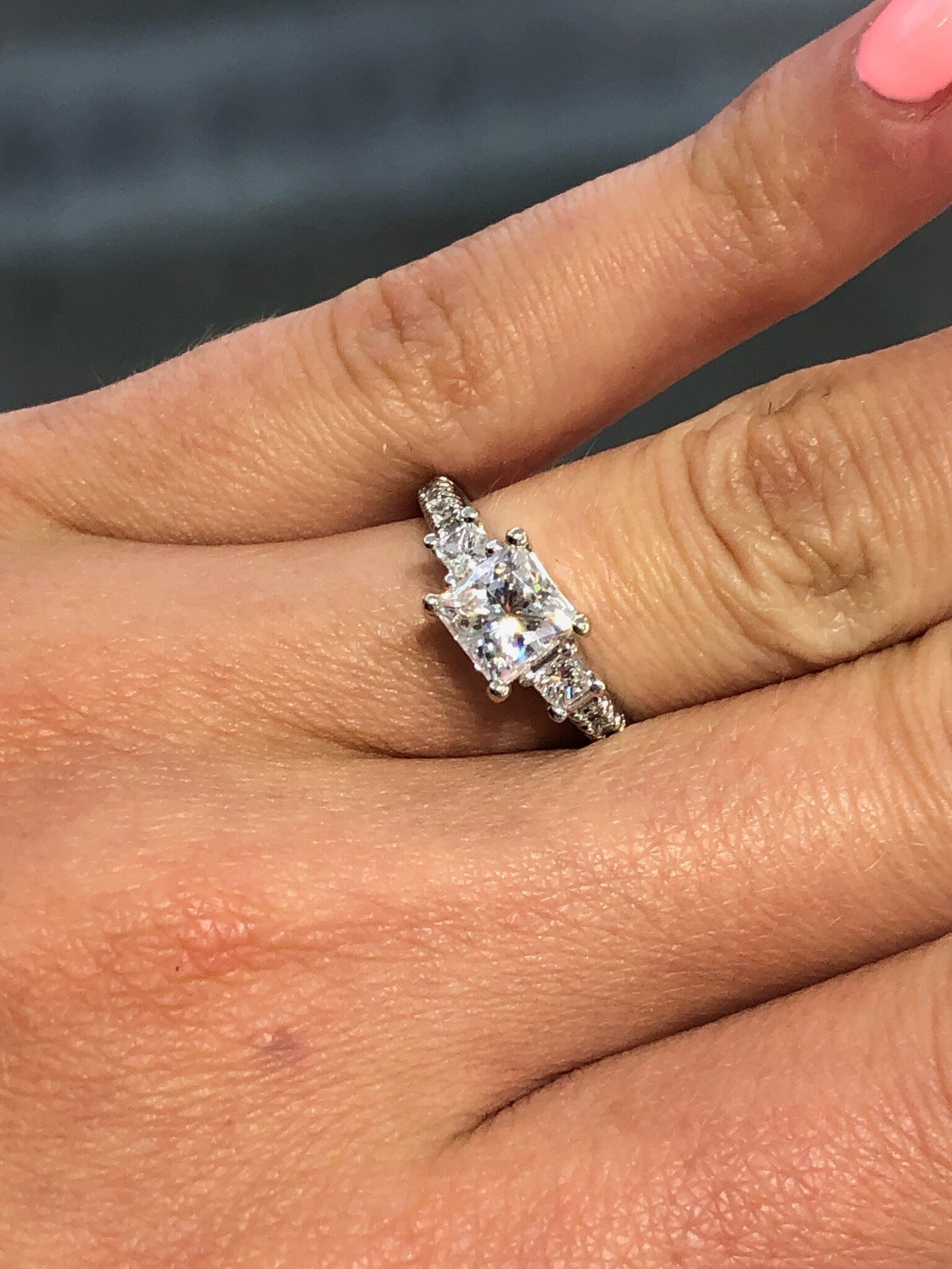 LIV 14k White Gold & Natural Side Diamonds Princess Cut Moissanite Engagement Ring