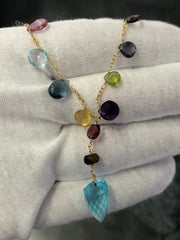 LIV Gold Filled & Natural Gemstone Lariat Design Drop Dangle Necklace Hand Made Gift