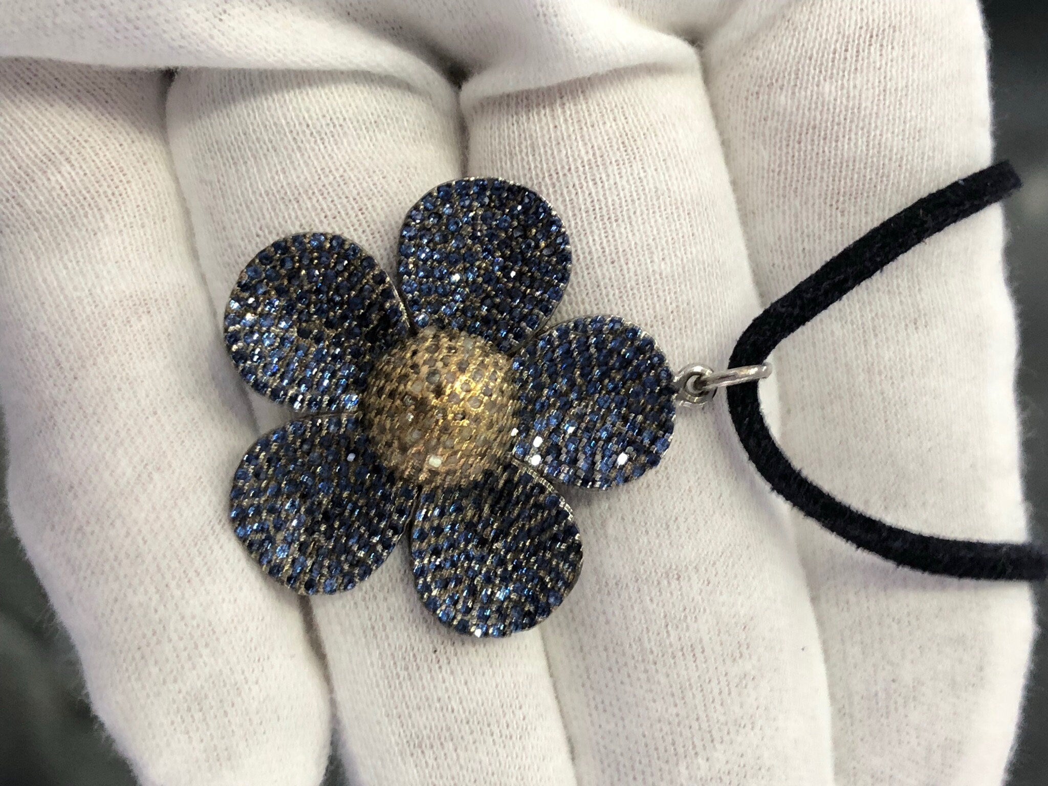 LIV Sterling Silver & Natural Diamonds Pave Blue Sapphire Flower Pendant Necklace Hand Made