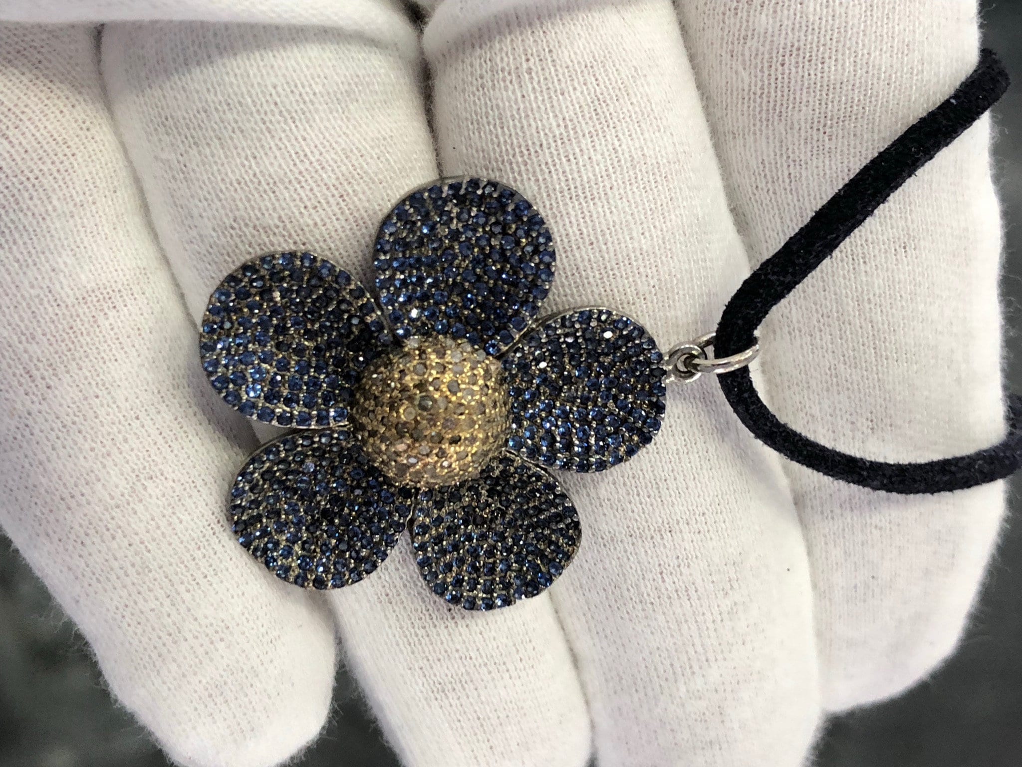 LIV Sterling Silver & Natural Diamonds Pave Blue Sapphire Flower Pendant Necklace Hand Made