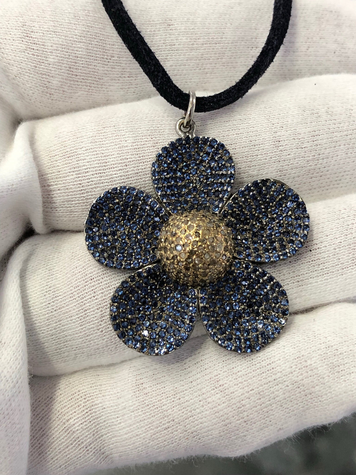 LIV Sterling Silver & Natural Diamonds Pave Blue Sapphire Flower Pendant Necklace Hand Made