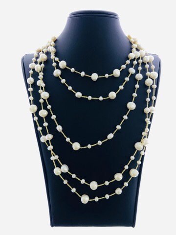 LIV 14k Yellow Gold & Natural Pearls Multi Strand Long Layered Necklace Hand Made