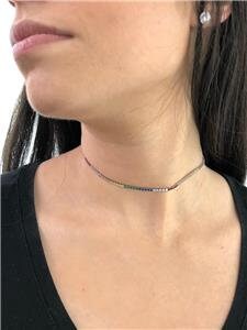 LIV Platinum Over Sterling Silver Rainbow Sapphire Tennis Thin Design Choker Necklace 12"-15"L