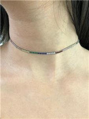 LIV Platinum Over Sterling Silver Rainbow Sapphire Tennis Thin Design Choker Necklace 12"-15"L