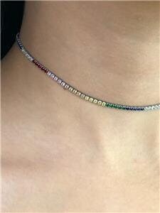 LIV Platinum Over Sterling Silver Rainbow Sapphire Tennis Thin Design Choker Necklace 12"-15"L