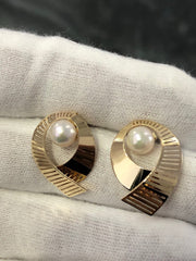 LIV 14k Yellow Gold Natural Pearl Tear Drop Halo Design Stud Earrings 3.3 Grams Gift