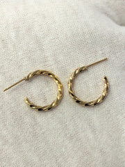 LIV 14k Yellow Gold Rope Design Hand Made Twist Hoop Stud Earrings 1.4 Grams w/Backs