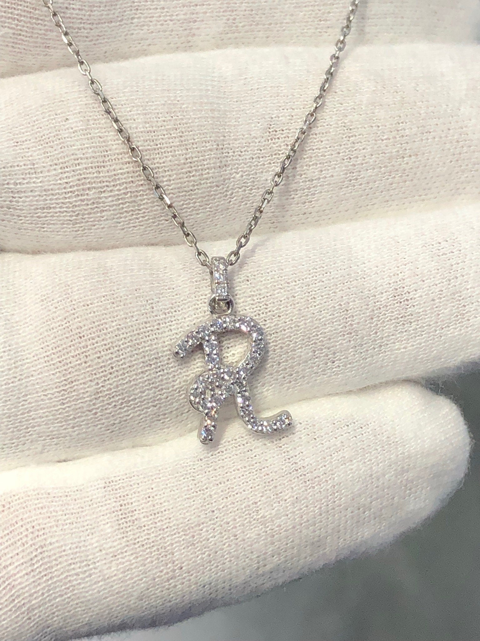 LIV 14k White Gold Natural Diamond 0.52ct G/VS1 Pave Initial R Script Necklace Gift