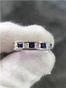 LIV 14k White Gold Genuine Diamonds Blue Sapphire Band Design Princess Cut Ring