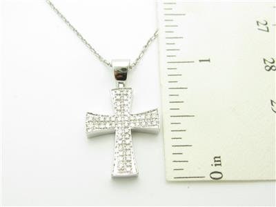 LIV 14k Solid White Gold Genuine Diamond Vintage Design Pave Cross Necklace