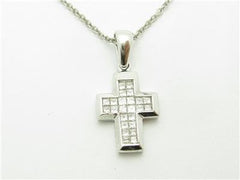 LIV 14k Solid White Gold Genuine Diamond Princess Cut Design Cross Necklace