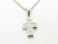 LIV 14k Solid White Gold Genuine Diamond Princess Cut Design Cross Necklace