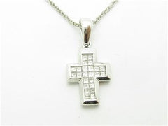 LIV 14k Solid White Gold Genuine Diamond Princess Cut Design Cross Necklace