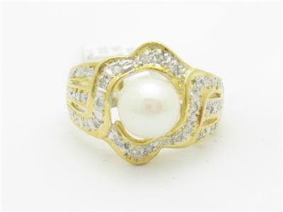 LIV 14k Yellow Gold Genuine Fresh Water Pearl Genuine Diamond Halo Band Design Ring