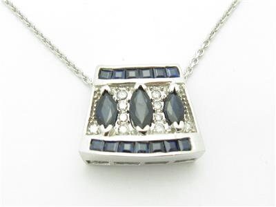 LIV 14k White Gold & Diamonds Blue Sapphire Deco Design Halo Necklace Gift