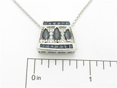 LIV 14k White Gold & Diamonds Blue Sapphire Deco Design Halo Necklace Gift