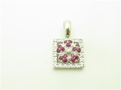 LIV 14k White Gold Genuine Red Ruby & Diamonds Square Vintage Design Halo Pendant