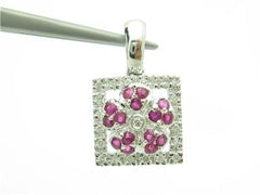 LIV 14k White Gold Genuine Red Ruby & Diamonds Square Vintage Design Halo Pendant