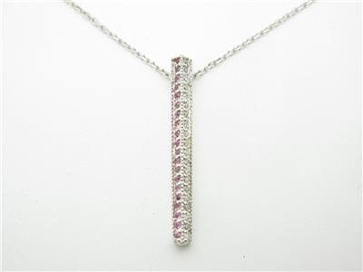 LIV 14kt White Gold Round Cut Pave White Diamond Pink Sapphire Bar Necklace New Gift