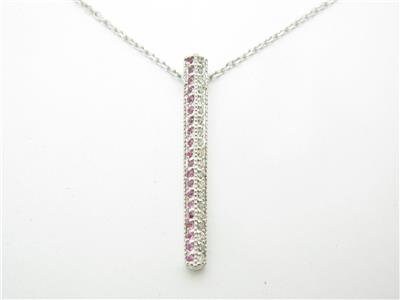 LIV 14kt White Gold Round Cut Pave White Diamond Pink Sapphire Bar Necklace New Gift