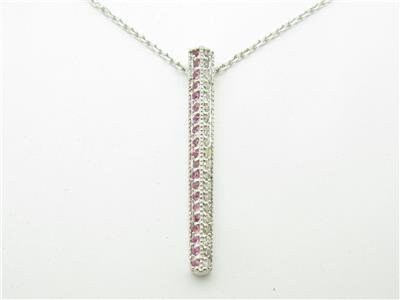 LIV 14kt White Gold Round Cut Pave White Diamond Pink Sapphire Bar Necklace New Gift