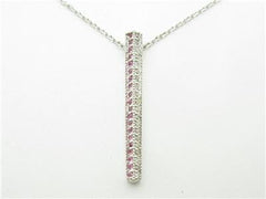 LIV 14kt White Gold Round Cut Pave White Diamond Pink Sapphire Bar Necklace New Gift