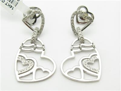 LIV 14k White Gold & Diamonds Unique Heart Design Chandelier Stud Bridal Earrings