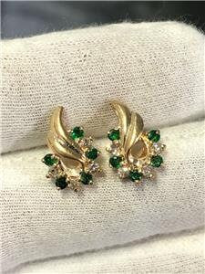 LIV 14k Yellow Gold Diamonds & Green Emeralds Swirl Design Stud Earrings 2.7 Grams