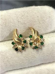 LIV 14k Yellow Gold Diamonds & Green Emeralds Swirl Design Stud Earrings 2.7 Grams