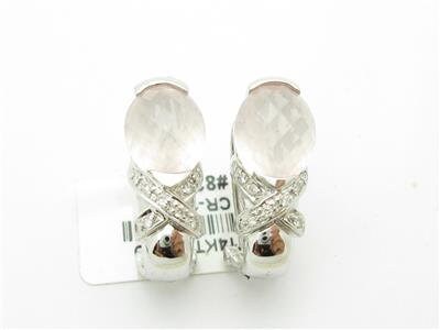 LIV 14kt White Gold Unique Rose Quartz & Diamond French Back Design Stud Earrings
