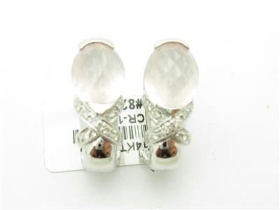 LIV 14kt White Gold Unique Rose Quartz & Diamond French Back Design Stud Earrings