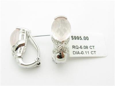 LIV 14kt White Gold Unique Rose Quartz & Diamond French Back Design Stud Earrings