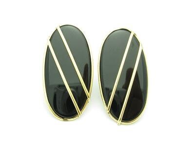 LIV 14kt Yellow Gold Oval Shape Design Black Onyx Unique High Polished Stud Earrings