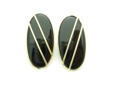 LIV 14kt Yellow Gold Oval Shape Design Black Onyx Unique High Polished Stud Earrings