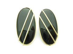 LIV 14kt Yellow Gold Oval Shape Design Black Onyx Unique High Polished Stud Earrings