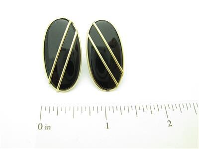 LIV 14kt Yellow Gold Oval Shape Design Black Onyx Unique High Polished Stud Earrings