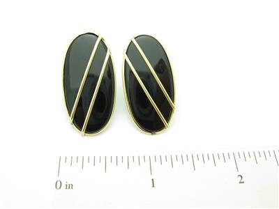 LIV 14kt Yellow Gold Oval Shape Design Black Onyx Unique High Polished Stud Earrings