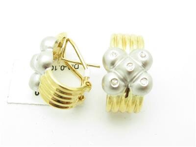 LIV 14kt White & Yellow Gold Abstract Design French Back Flower Diamond Stud Earring